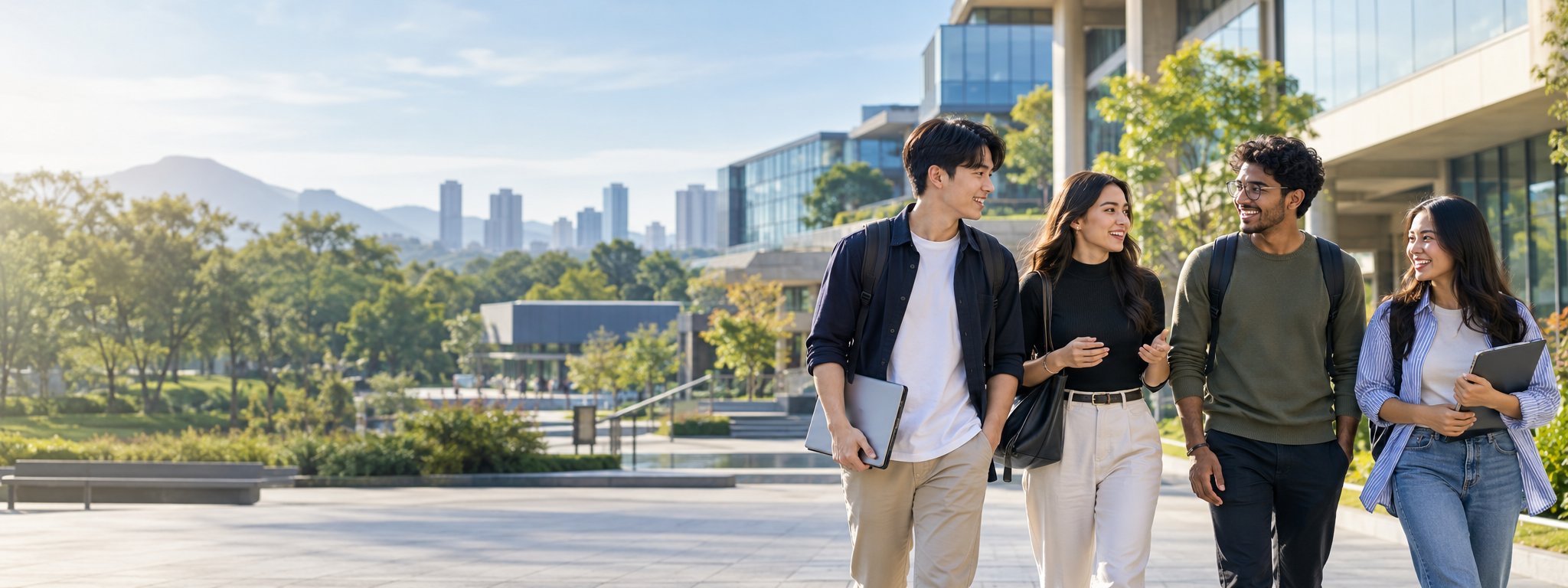 International students walking through an advanced university campus in Asia