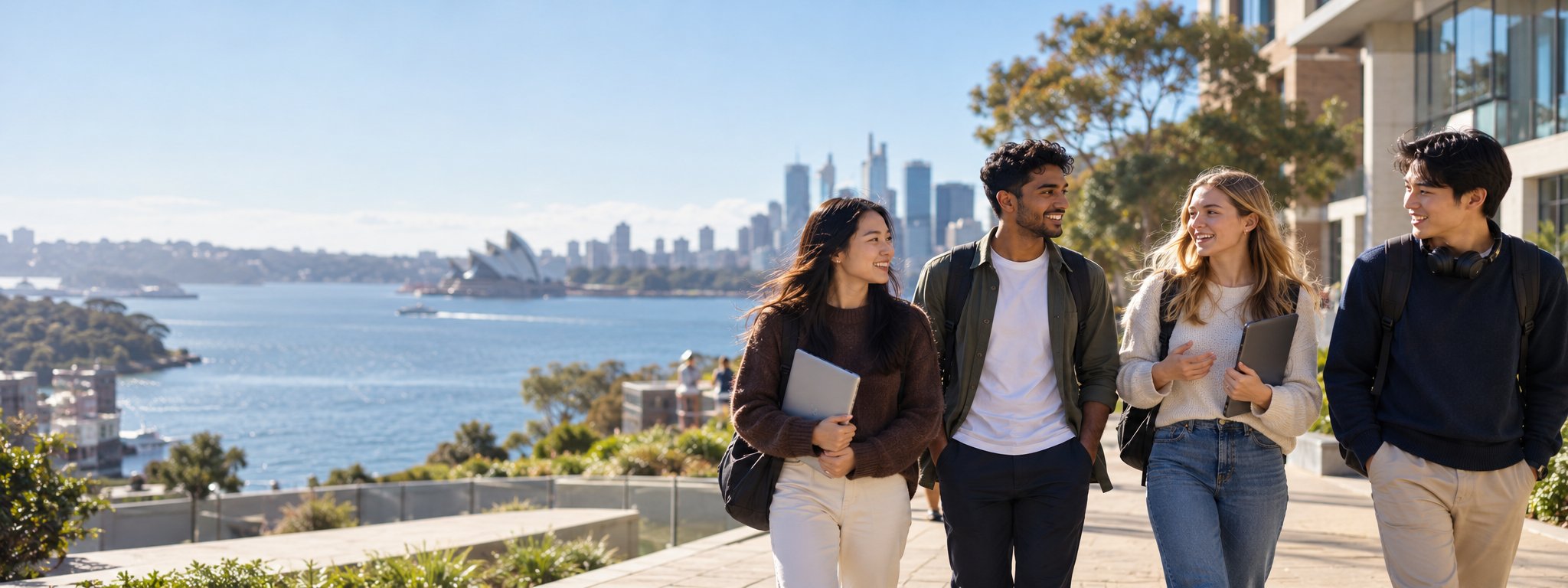 International students on a university campus overlooking Sydney harbour