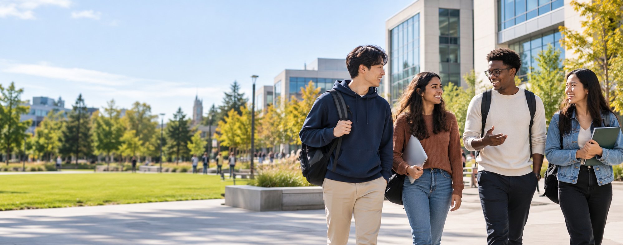 International students walking through a modern university campus in the United States